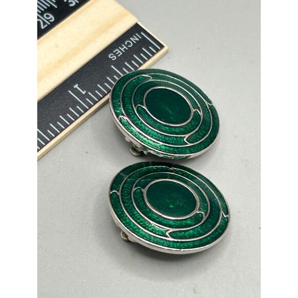Berebi Vintage Green Enamel Silver Tone Round Clip-On Earrings 1" Diameter - Picture 6 of 6